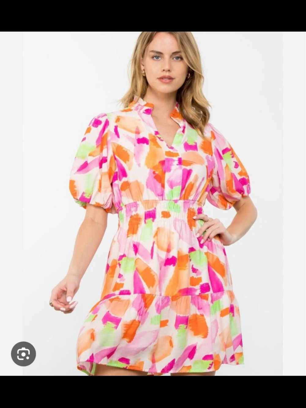 Colorful Brushstroke Smocked Waist Dress - Pink, Orange, Green